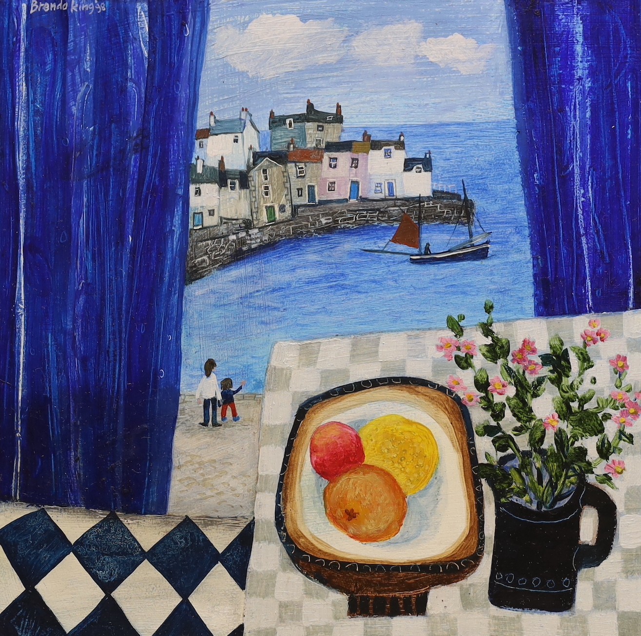 Brenda King (1934-2011), two oils on panel, 'Beach Game' and 'Dolly Pentreath', signed and dated '98, 20 x 20cm